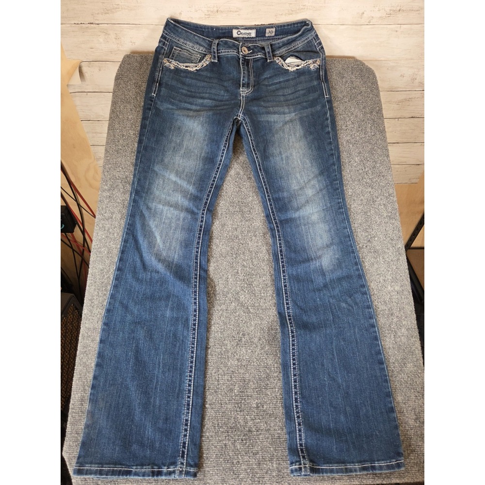 Charme Women's Jeans Size 30 Blue Bootcut Flare Embellished Sequin Stitch Denim